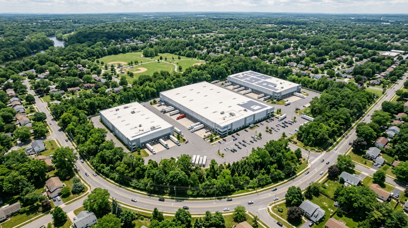 Aerial view of Warehouses illustrating industrial development and zoning debates in New Jersey
